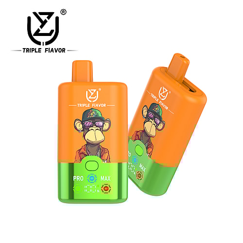 Two brightly colored disposable vape devices labeled 'TRIPLE FIAVOR', featuring a cartoon monkey in sunglasses and a green, circular activation button on the front for different flavor settings.