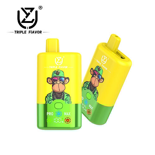 Two colorful vape devices featuring a cartoon monkey wearing sunglasses and a military jacket, labeled with 'TRIPLE FIAVOR' and indicators for 'PRO' and 'MAX' capacities, set against a white background.