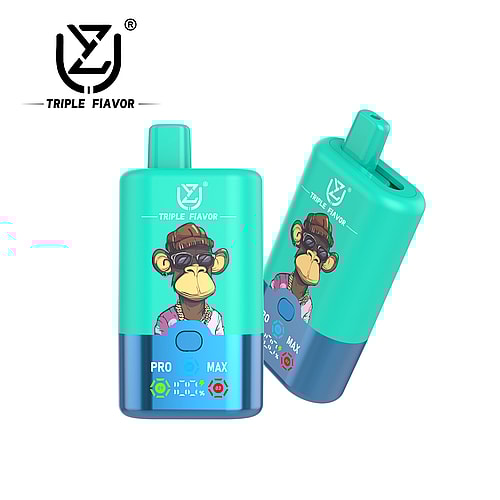A colorful vape device featuring a cartoon monkey wearing sunglasses and a gold chain, with a turquoise and blue design, and labeled with "TRIPLE FIAVOR" and indicators for battery and flavor levels.