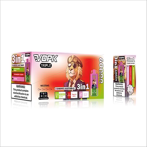 A colorful vape packaging featuring a cartoon lion wearing aviator goggles, advertising a '3in1' vape product with options for kiwi passion fruit, strawberry cherry, and love flavors, alongside nicotine warnings and usage information.