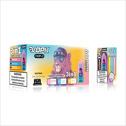 VOPK Triple vape packaging featuring a colorful lion illustration with sunglasses, showcasing three adjustable flavors: Peach Berry, Blue Razz Ice, and Watermelon Peach Mango, alongside technical information including puff count and warnings about nicotine addiction.