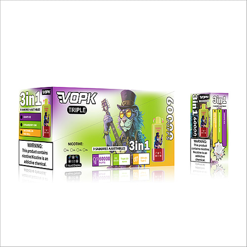 A colorful box packaging for VOPK Triple e-cigarette featuring a cartoon lion wearing a top hat and sunglasses playing a guitar, highlighting three adjustable flavors: Grape Ice, Strawberry Kiwi, and Red Bull, with a capacity of 60,000 puffs and a warning about nicotine content.