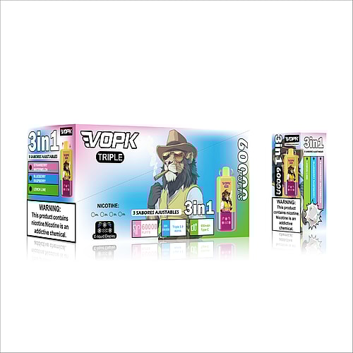 A colorful vape packaging design featuring the brand 'VOPK' with images of various flavored vape pens labeled '3 in 1', displaying flavors such as strawberry, watermelon, blueberry, and raspberry, along with warnings about nicotine content and an indication of 60,000 puffs.