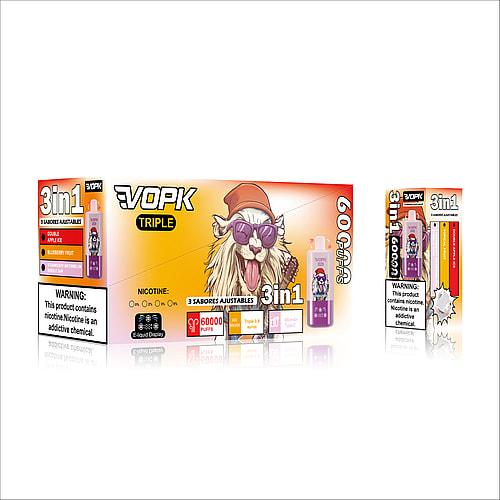 A box of VOPK Triple vape product featuring a cartoon llama wearing sunglasses and a red beanie, with labels indicating '3in1', 'Double Apple Ice', and 'Blueberry Fruit', alongside warnings about nicotine and e-liquid display.