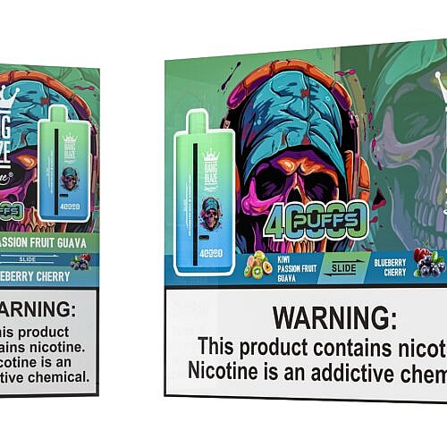 A colorful vape box titled 'Bang Blaze' shows a stylized skull with headphones, featuring flavors 'Kiwi Passion Fruit Guava' and 'Blueberry Cherry', along with a warning label about nicotine addiction.
