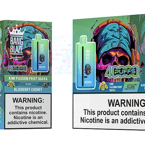 A colorful vape box titled 'Bang Blaze' shows a stylized skull with headphones, featuring flavors 'Kiwi Passion Fruit Guava' and 'Blueberry Cherry', along with a warning label about nicotine addiction.