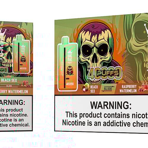 A colorful vape packaging featuring the 'Bang Blaze' brand, with a prominently displayed flavor labeled 'Raspberry Watermelon' and a skull graphic, alongside warning labels about nicotine.