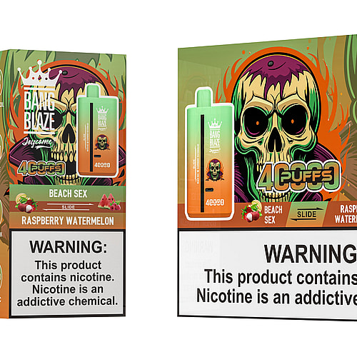 A colorful vape packaging featuring the 'Bang Blaze' brand, with a prominently displayed flavor labeled 'Raspberry Watermelon' and a skull graphic, alongside warning labels about nicotine.