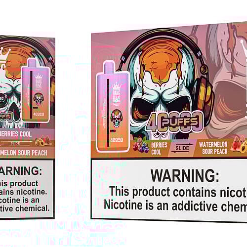 A colorful vape device box displaying the Bang Blaze brand, featuring an illustrated skull with headphones and flavors like 'Berries Cool' and 'Watermelon Sour Peach', along with a warning about nicotine addiction.