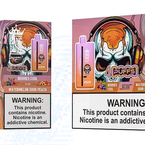A colorful vape device box displaying the Bang Blaze brand, featuring an illustrated skull with headphones and flavors like 'Berries Cool' and 'Watermelon Sour Peach', along with a warning about nicotine addiction.