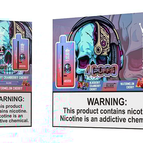 A colorful packaging design for a vaping product, featuring a skull with headphones and the branding 'BANG BLAZE' alongside a warning label about nicotine addiction; images showcase flavors 'Blueberry Cranberry Cherry' and 'Watermelon Cherry', with a slide mechanism indicated on the device.
