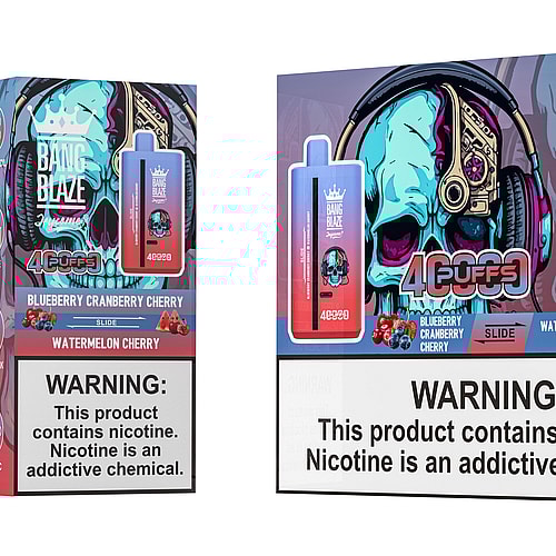 A colorful packaging design for a vaping product, featuring a skull with headphones and the branding 'BANG BLAZE' alongside a warning label about nicotine addiction; images showcase flavors 'Blueberry Cranberry Cherry' and 'Watermelon Cherry', with a slide mechanism indicated on the device.