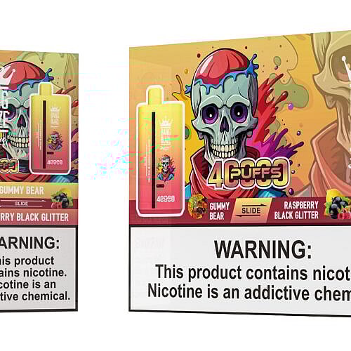 A vibrant packaging of Bang Blaze vape featuring a pink and yellow vape device labeled "Gummy Bear" and "Raspberry Black Glitter," accompanied by a cartoonish skull design, with warning labels prominently displayed about nicotine addiction.
