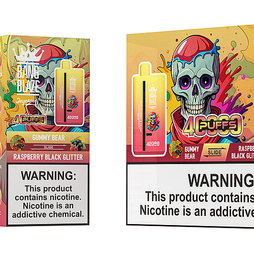 A vibrant packaging of Bang Blaze vape featuring a pink and yellow vape device labeled "Gummy Bear" and "Raspberry Black Glitter," accompanied by a cartoonish skull design, with warning labels prominently displayed about nicotine addiction.