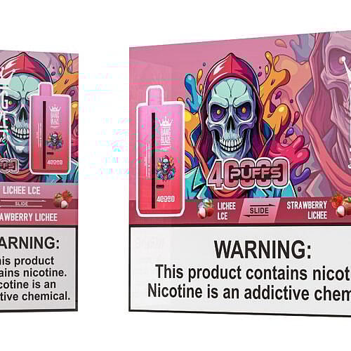 A colorful and eye-catching vape packaging featuring a pink vape device labeled 'Bang Blaze' on the left, and a large box on the right displaying vibrant graphics of a skull with a hood, along with product information and warnings about nicotine addiction, indicating flavors 'Lichee LCE' and 'Strawberry Lichee'.