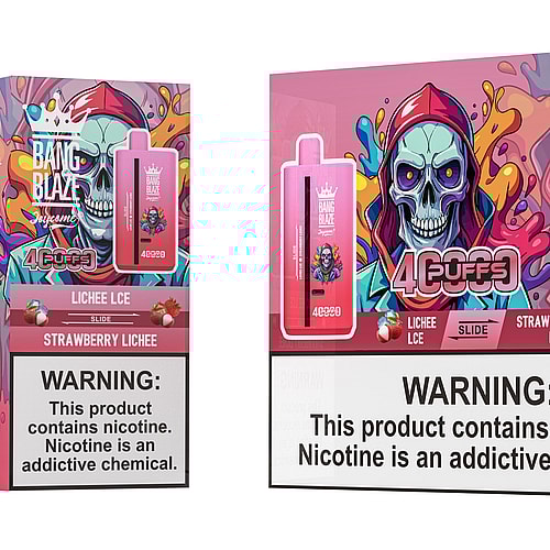 A colorful and eye-catching vape packaging featuring a pink vape device labeled 'Bang Blaze' on the left, and a large box on the right displaying vibrant graphics of a skull with a hood, along with product information and warnings about nicotine addiction, indicating flavors 'Lichee LCE' and 'Strawberry Lichee'.