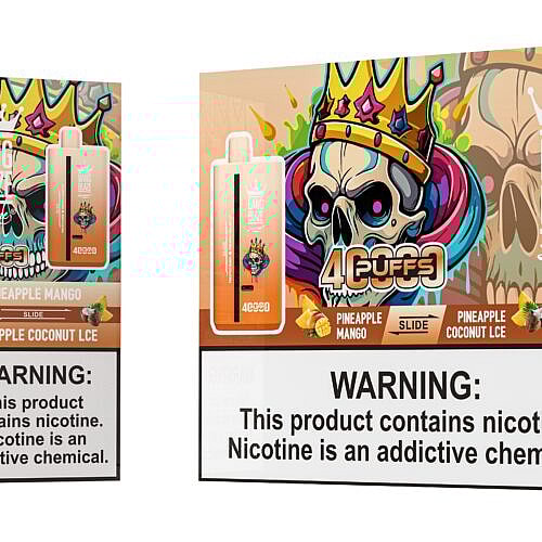 The image showcases a Bang Blaze vaping product featuring a colorful design with a skull wearing a crown, along with packaging details indicating flavors such as Pineapple Mango and Pineapple Coconut Ice, and includes a nicotine warning label.