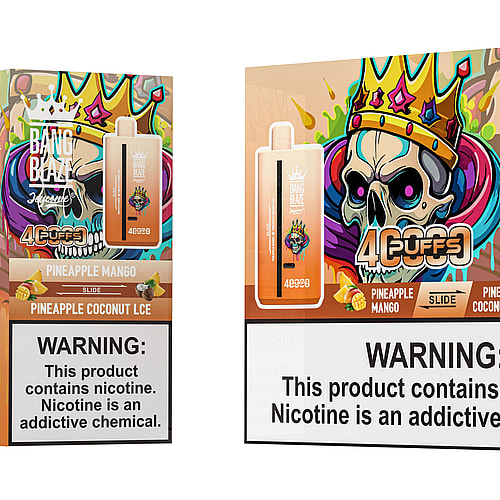 The image showcases a Bang Blaze vaping product featuring a colorful design with a skull wearing a crown, along with packaging details indicating flavors such as Pineapple Mango and Pineapple Coconut Ice, and includes a nicotine warning label.