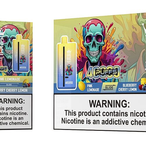 A colorful packaging display for Bang Blaze disposable vapes, featuring a blue and yellow vape device with a skull logo, surrounded by illustrations of lemon and mixed berries, and prominent warning labels about nicotine.