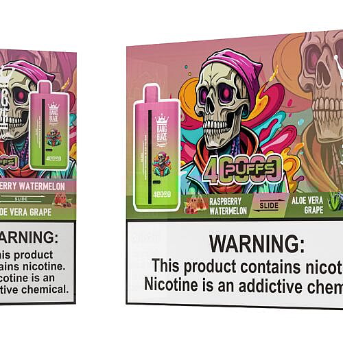 A colorful packaging design for Bang Blaze disposable vape highlighting the flavors Raspberry Watermelon and Aloe Vera Grape, featuring a vibrant illustration of a skull wearing a hoodie surrounded by abstract graphics, and a prominent warning label about nicotine addiction.