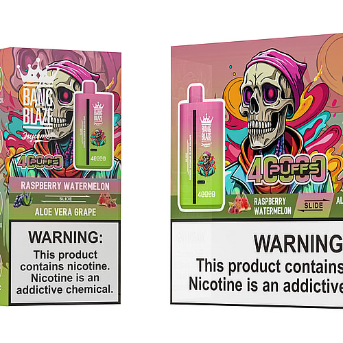 A colorful packaging design for Bang Blaze disposable vape highlighting the flavors Raspberry Watermelon and Aloe Vera Grape, featuring a vibrant illustration of a skull wearing a hoodie surrounded by abstract graphics, and a prominent warning label about nicotine addiction.