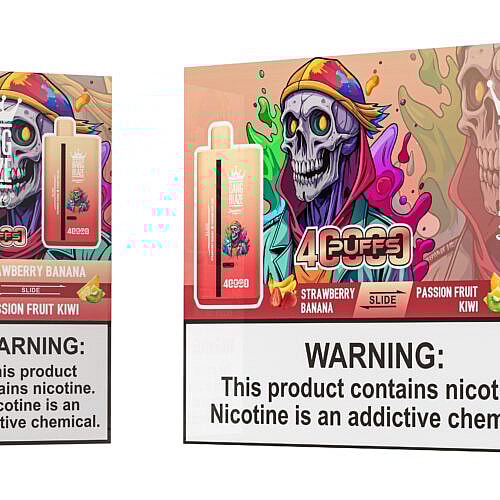 A colorful vape device and box packaging labeled "Bang Blaze" featuring vibrant graphics including a skull and fruits, with warnings about nicotine and details on flavors like Strawberry Banana and Passion Fruit Kiwi.