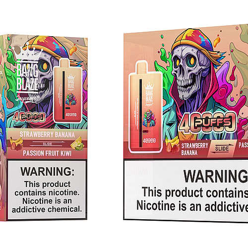 A colorful vape device and box packaging labeled "Bang Blaze" featuring vibrant graphics including a skull and fruits, with warnings about nicotine and details on flavors like Strawberry Banana and Passion Fruit Kiwi.
