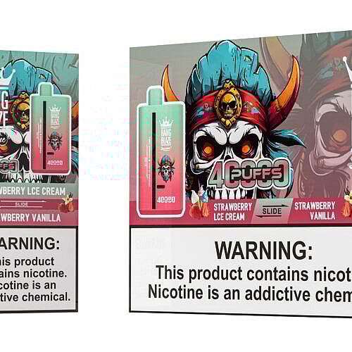 A vibrant packaging design for Bang Blaze Joycome vape pods featuring a skull with a crown and colorful horns, with labels highlighting flavors 'Strawberry Ice Cream' and 'Strawberry Vanilla', accompanied by a nicotine warning.