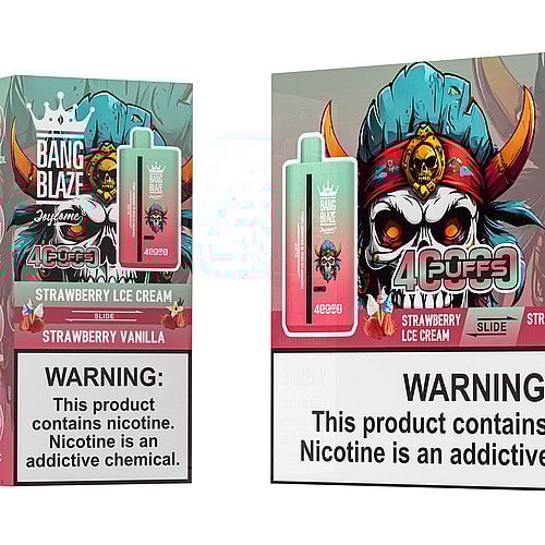 A vibrant packaging design for Bang Blaze Joycome vape pods featuring a skull with a crown and colorful horns, with labels highlighting flavors 'Strawberry Ice Cream' and 'Strawberry Vanilla', accompanied by a nicotine warning.