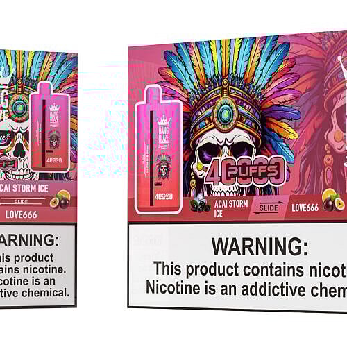 A vibrant packaging design for Bang Blaze vaping products featuring a stylized skull with a feathered headdress, emphasizing the flavor 'Acai Storm Ice', alongside a warning about nicotine's addictive nature.
