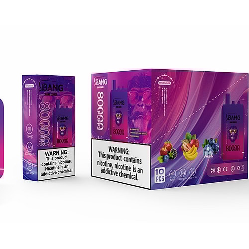 A Vibrant Vape Product Packaging Featuring A Purple Vape Device Labeled With '80000 Puffs' And A Cartoonish Monkey Wearing Sunglasses, Alongside A Colorful Box Displaying The Same Branding And Warnings About Nicotine Addiction, With Fruit Illustrations In The Foreground.