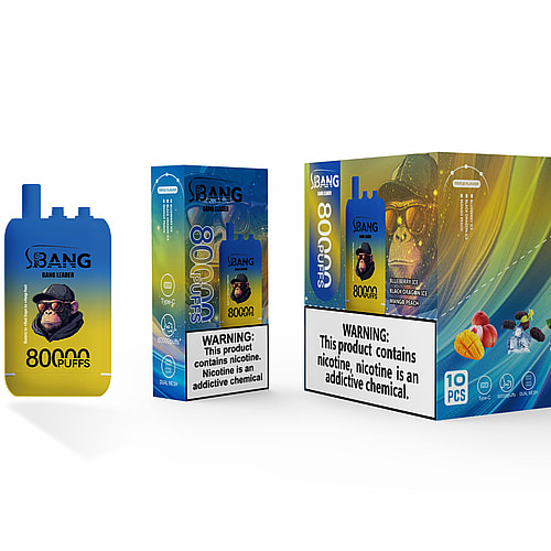 A Colorful Packaging Of The Bang Vape, Featuring A Cartoon Monkey Wearing Sunglasses, With Text Indicating It Delivers 80,000 Puffs And Flavors Including Blueberry Ice, Black Orange Ice, And Mango Peach, Alongside A Warning About Nicotine.