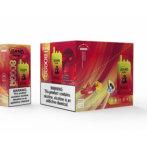 A Yellow Disposable Vape Device Marked 'Bang' Is Shown Next To A Brightly Colored Packaging Box, Displaying Text Indicating It Provides 80,000 Puffs And Flavor Options Like Avocado Ice, Lemon Lime, And Watermelon Raspberry; A Warning Label About Nicotine Is Prominently Featured.