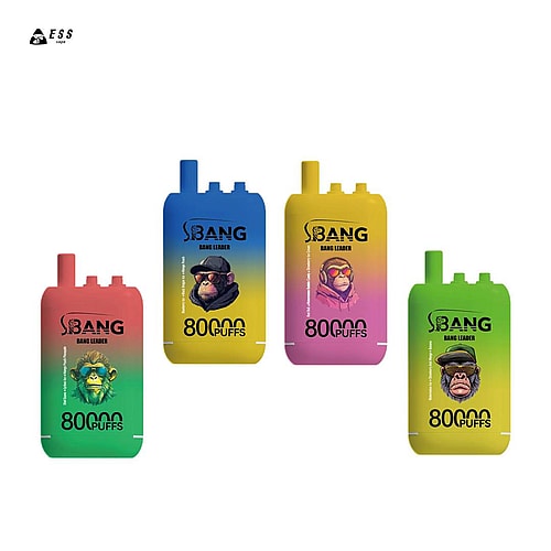 A collection of four colorful vape devices labeled 'Bang Leader' designed for 8000 puffs, featuring cartoon monkey characters on each device with various vibrant color gradients.