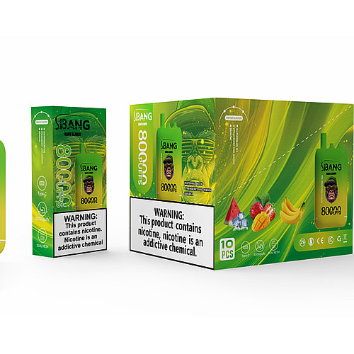 A Vibrant Green Packaging Display Featuring A Disposable Vape Device Labeled 'Sbang Bang Leader 80000 Puffs', Accompanied By A Box Containing Ten Units, Decorated With Images Of Fruits Like Watermelon, Pineapple, And Banana, And A Prominent Warning About Nicotine Addiction.