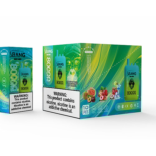 A Brightly Colored Packaging Design For The Sbang Vape Product Featuring A Prominent Vape Device Labeled &Quot;80000 Puffs&Quot; Alongside A Box Showing Multiple Devices, With Vibrant Green And Blue Hues And Various Fruit Illustrations, Alongside Warning Labels About Nicotine.