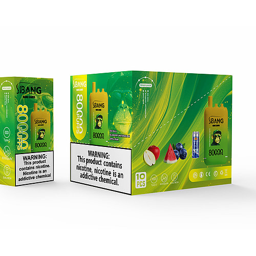 A Vibrant Yellow And Green Vape Product With The Label 'Bang Leader 80000 Puffs' Prominently Displayed, Next To A Colorful Box Showing The Same Design, Both Featuring Fruit Illustrations And A Warning About Nicotine Addiction.