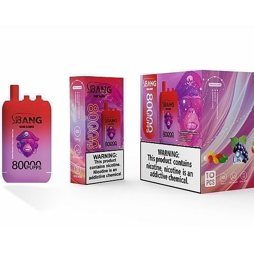 A Red Vape Device Labeled 'Bang' Featuring A Skull Graphic, Positioned Next To Its Colorful Box That Highlights Flavors Such As 'Strawberry Watermelon' And 'Candy Cane,' Along With A Warning About Nicotine Addiction.