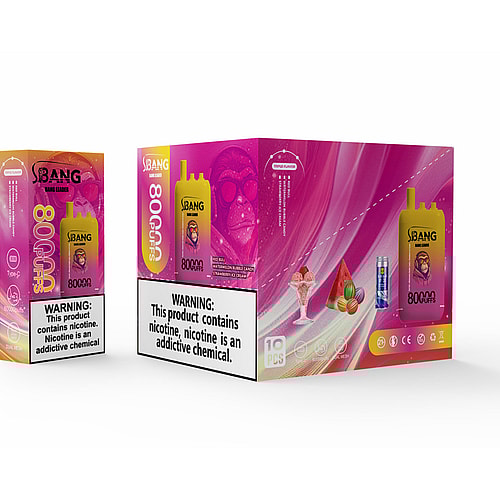 An Arrangement Of Bang Vaping Products Featuring A Yellow Vape Device Labeled With '80,000 Puffs' Alongside Colorful Packaging With A Warning Notice About Nicotine, And Images Of Various Flavors Like Cotton Candy, Strawberry Ice Cream, And Watermelon.