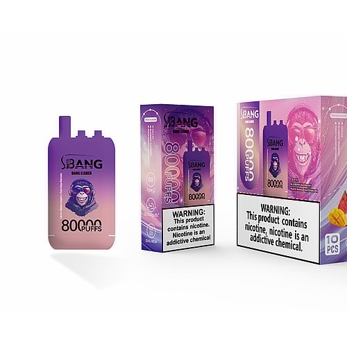 A Packaging Box For Bang Vape, Featuring A Purple Design With The Text '80,000 Puffs', An Illustration Of A Vape Device, And A Warning About Nicotine, Accompanied By Images Of Fruit Like Berries And Mango, Indicating The Product Is Flavored.