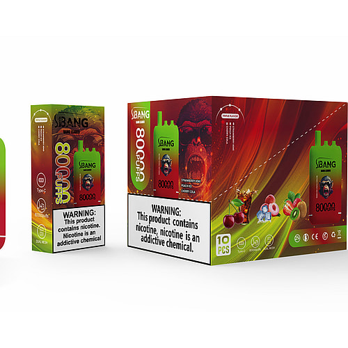 A Bright Green E-Cigarette Device Labeled 'Bang' With A Colorful Packaging Box Featuring Images Of Various Fruit Flavors And A Warning About Nicotine, Indicating It Provides 80,000 Puffs.