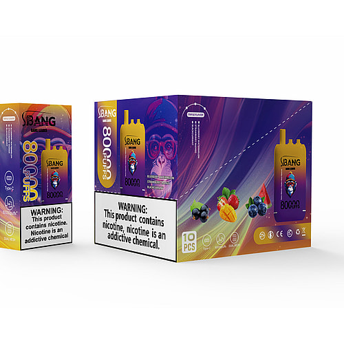 A Yellow Vaping Device Labeled 'Bang' With '80000 Puffs' Next To Its Packaging, Which Features Vibrant Graphics Including A Monkey Wearing Glasses And Various Fruits, Alongside A Prominent Warning About Nicotine Addiction.