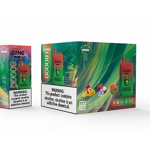 A Colorful Packaging Design For A Vape Product Featuring A Red Device Labeled 'Bang' With A Green Lion Graphic, Accompanied By A Box Displaying '80000 Puffs' And Assorted Fruit Illustrations, Along With A Nicotine Warning On The Front.