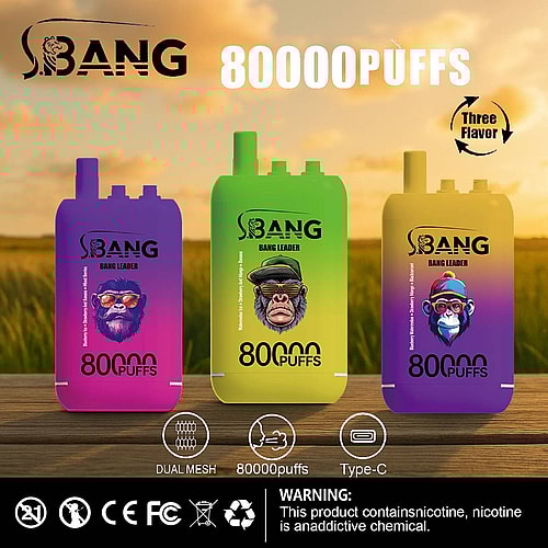 A colorful display of three vape pens labeled "80000PUFFS," featuring distinct flavors and styles, set against a blurred outdoor background with a grassy field.