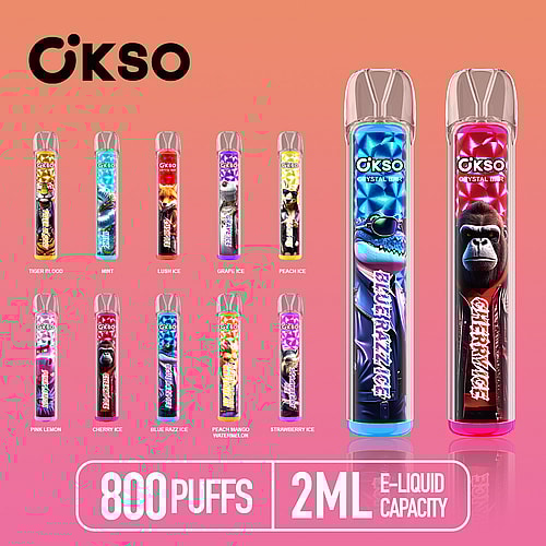 Una exhibición colorida de varios bolígrafos vaporizadores de e-líquido de OKSO, con sabores como Tiger Blood, Mint y Cherry Ice, dispuestos sobre un fondo degradado, con etiquetas prominentes que indican una capacidad de 800 bocanadas y 2 ml de e-líquido.
