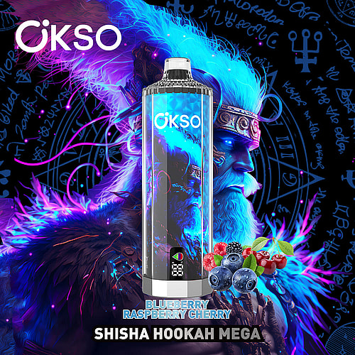 A Colorful Vape Device Featuring The Brand 'Okso' With A Bold Design, Prominently Displaying The Flavor 'Blueberry Raspberry Cherry' And The Label 'Shisha Hookah Mega', Set Against A Dark, Mystical Background With Vibrant Blue And Purple Hues And A Mythical Warrior'S Face.