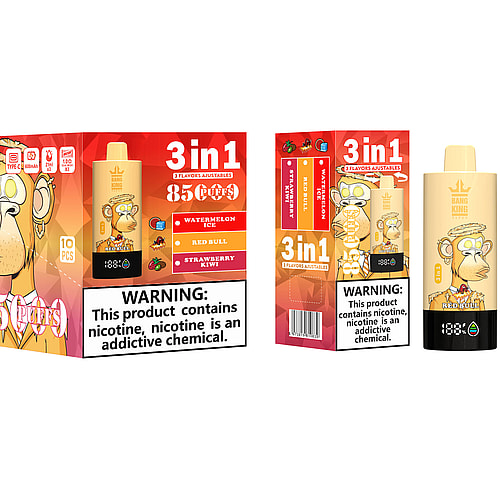 A Colorful Vape Packaging Featuring A Cartoon Monkey With Glasses, Labeled '3 In 1' And Showcasing The Flavors 'Watermelon Ice,' 'Red Bull,' And 'Strawberry Kiwi,' Along With A Warning About Nicotine Addiction And A Puff Count Of 8500.