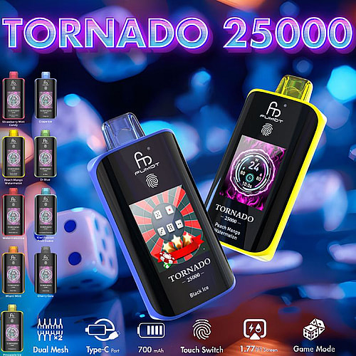 Un'esposizione vivace di due dispositivi elettronici per lo svapo denominati "TORNADO 25000" in nero e giallo, che mettono in mostra colorati aromi e uno schermo digitale con varie funzioni, come un interruttore touch e un indicatore della durata della batteria, il tutto circondato da effetti di luce astratti blu e viola e dadi sullo sfondo.