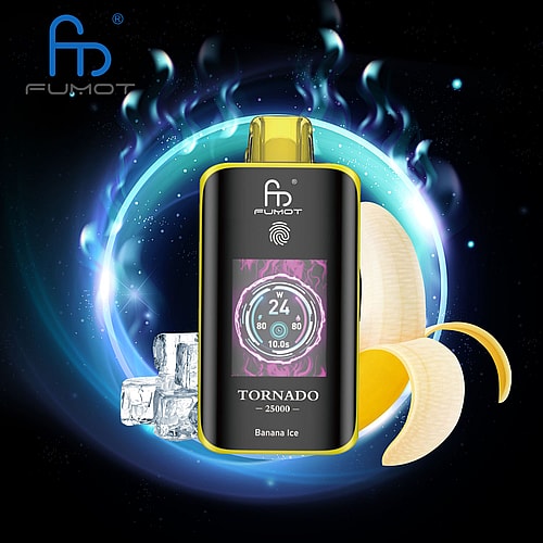 A Sleek Black And Yellow Vape Device Is Featured Prominently, Displaying A Colorful Digital Screen With Wattage And Usage Data, Set Against A Dark Background With Ice Cubes And Banana Slices, Suggesting A 'Banana Ice' Flavor.