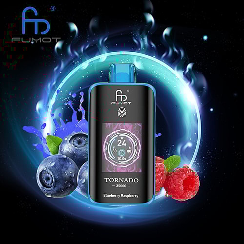 An Electronic Vaping Device Labeled 'Fumot Tornado 25000' With A Digital Display Showing Settings, Accompanied By Fresh Blueberries And Raspberries, Against A Vivid Blue And Black Background With Swirling Abstract Effects.